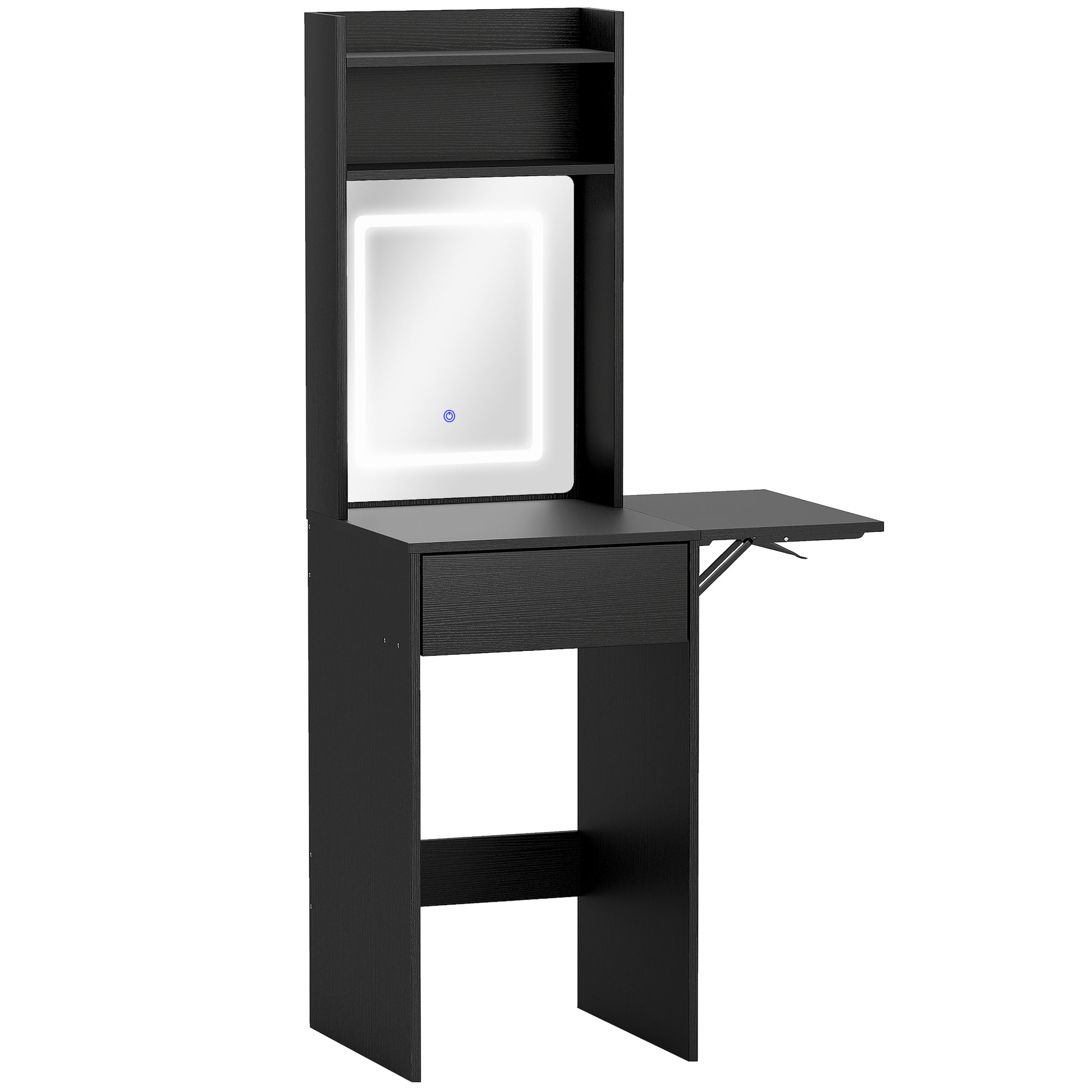 Photo of HOMCOM Small Vanity Desk with Mirror and LED Lights, Compact Dressing Table with Drop Leaf, Open Shelves and Drawer, Black in Black colour on a white background