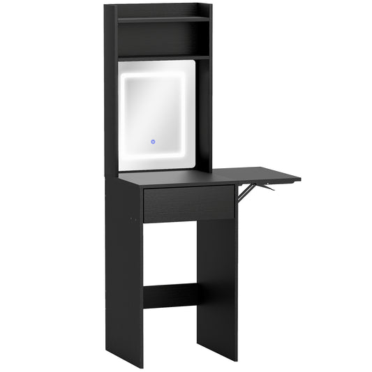 Photo of HOMCOM Small Vanity Desk with Mirror and LED Lights, Compact Dressing Table with Drop Leaf, Open Shelves and Drawer, Black in Black colour on a white background