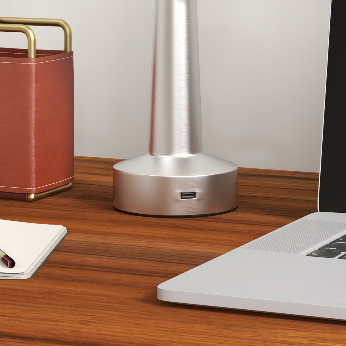 HOMCOM silver table lamp base with USB-C port, shown beside a laptop