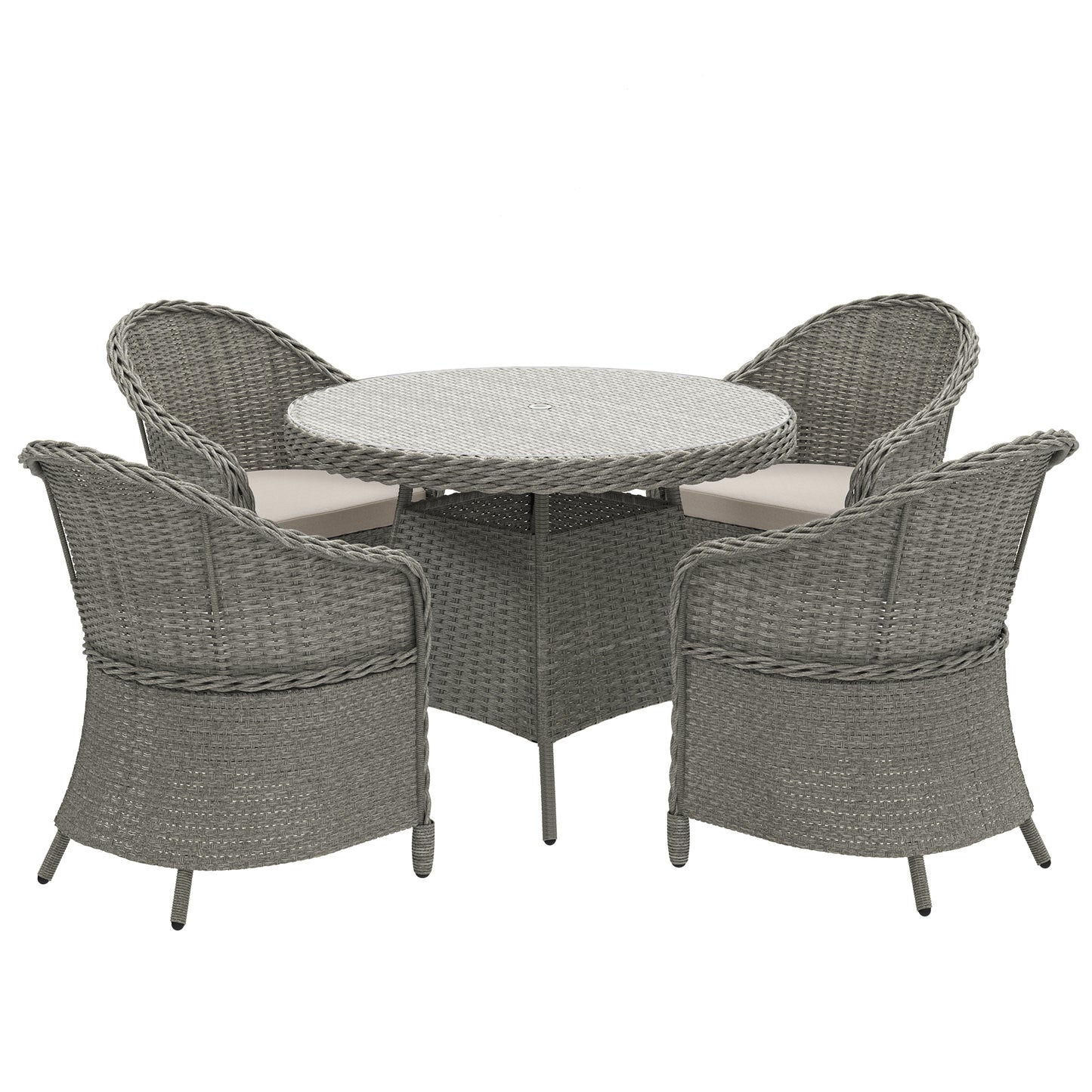 Photo of Outsunny 4 Seater Rattan Garden Furniture Set with Cushions, Round PE Rattan Dining Set with Glass-Top Table, Umbrella Hole, Outdoor Garden Table and Chairs, Grey in Grey colour on a white background