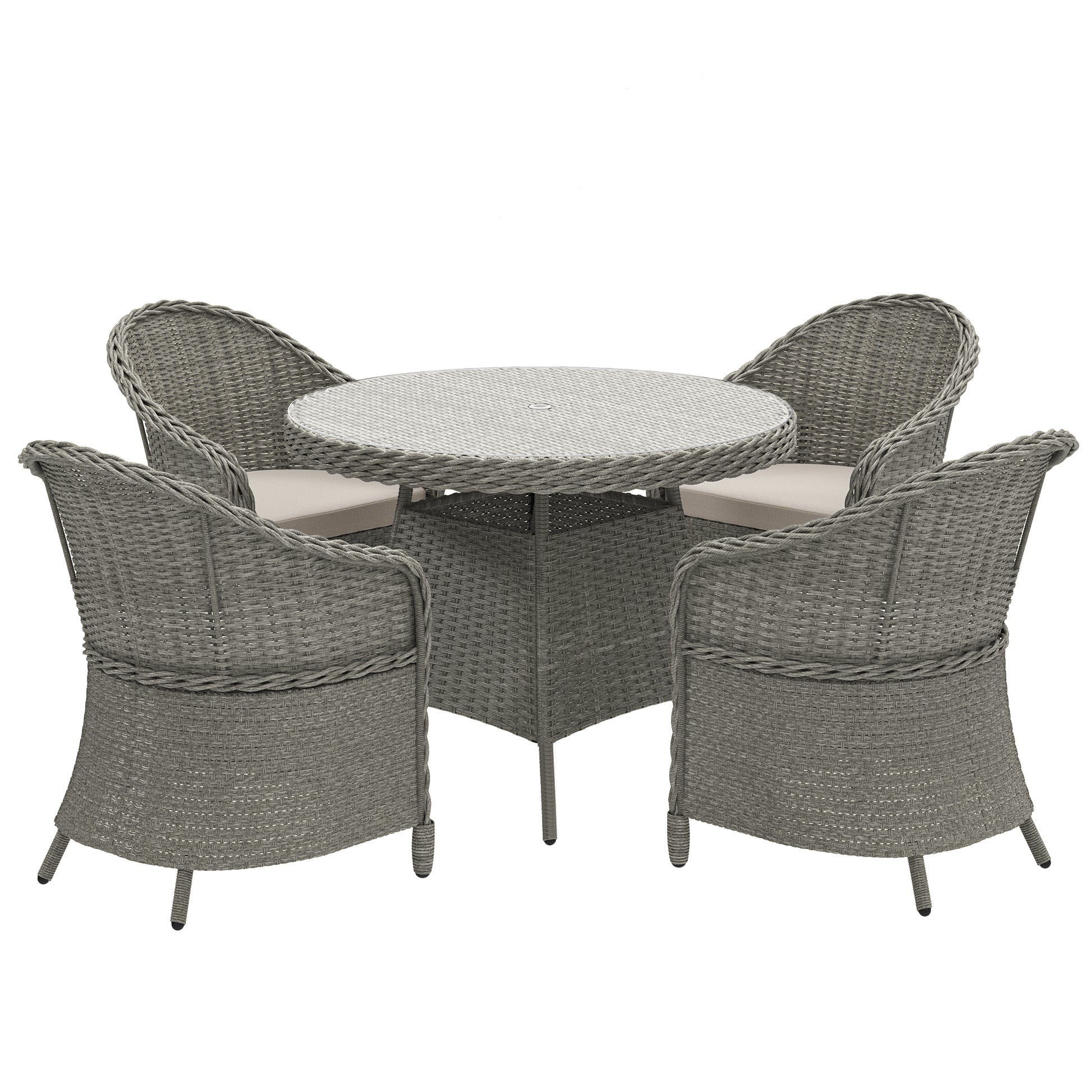 Photo of Outsunny 4 Seater Rattan Garden Furniture Set with Cushions, Round PE Rattan Dining Set with Glass-Top Table, Umbrella Hole, Outdoor Garden Table and Chairs, Grey in Grey colour on a white background