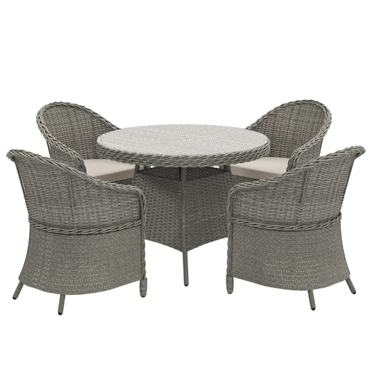Photo of Outsunny 4 Seater Rattan Garden Furniture Set with Cushions, Round PE Rattan Dining Set with Glass-Top Table, Umbrella Hole, Outdoor Garden Table and Chairs, Grey in Grey colour on a white background