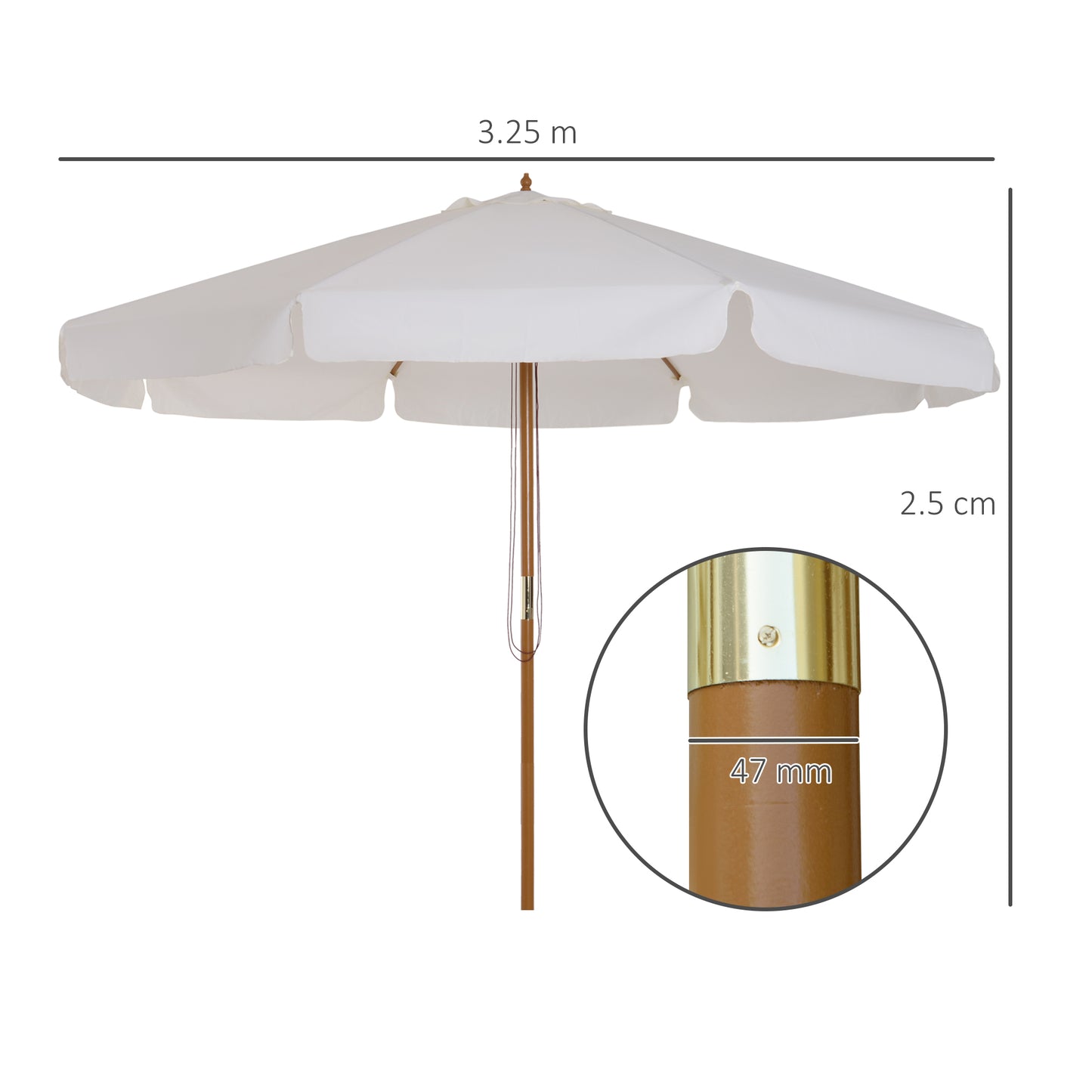 Outsunny 3.3m Elegant Wooden Parasol with Wooden Frame and Bamboo Ribs- Cream