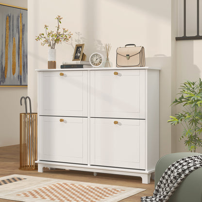 White shoe cabinet with four closed front panels and gold handles