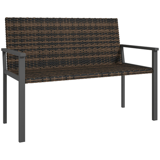 Photo of Outsunny 2 Seater Rattan Garden Bench, Outdoor Bench with Quick-Drying Cotton Padding, Wicker Garden Loveseat with Armrests, Steel Frame for Patio, Park, Mixed Brown in Brown colour on a white background