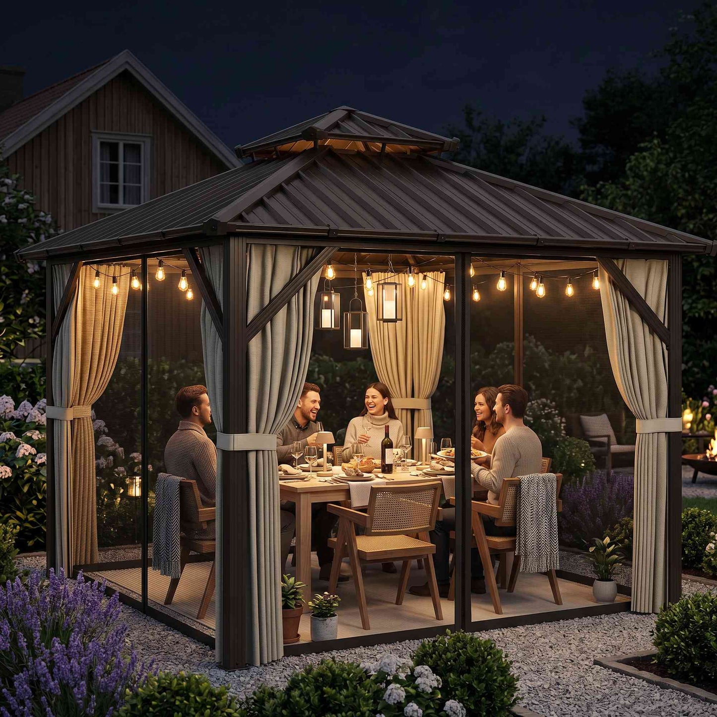 Outsunny 3x3 m Hardtop Gazebo Canopy with UPF50+ Double Galvanised Steel Roof, Aluminium Garden Gazebo Permanent Pavilion, Brown