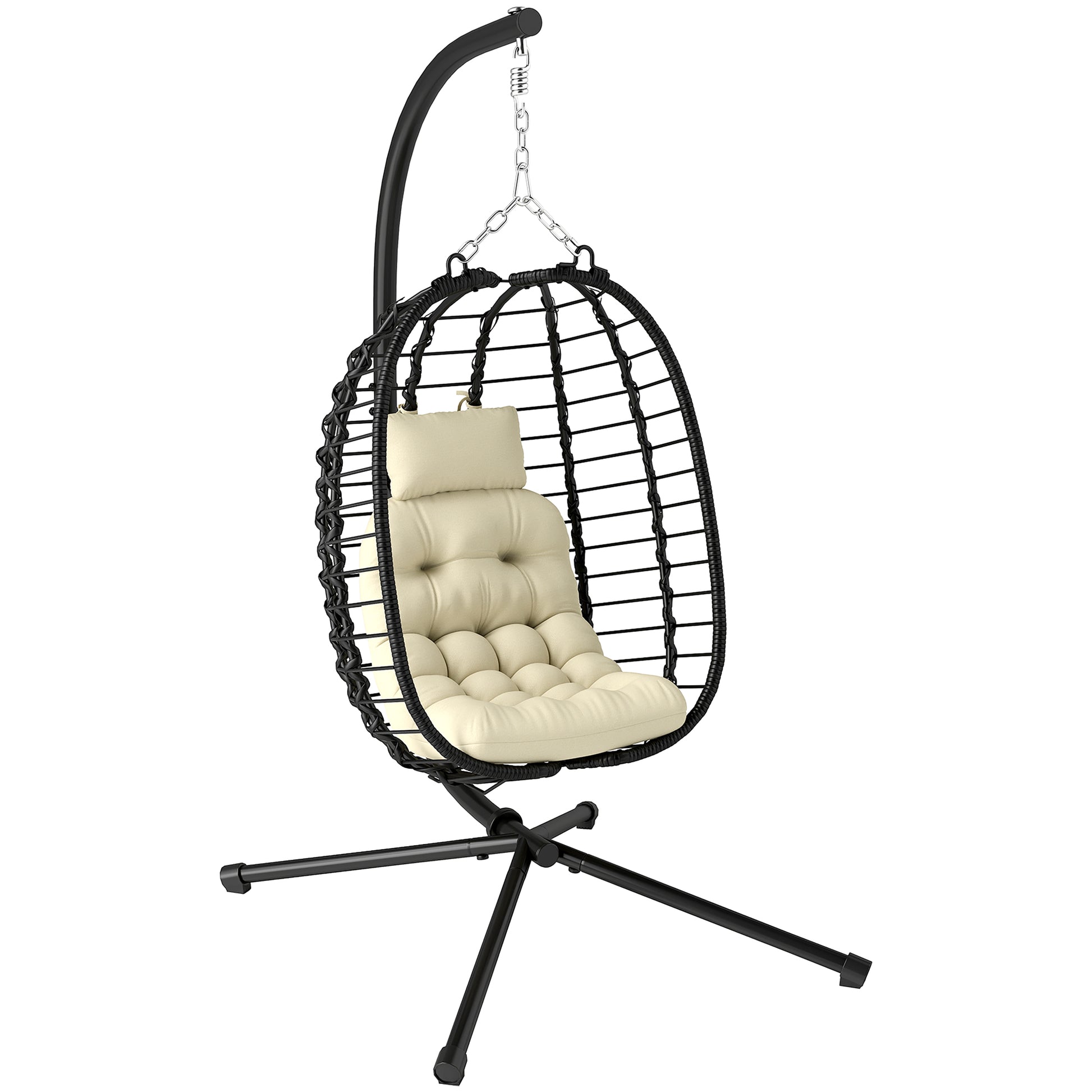 Photo of Outsunny Rattan Hanging Egg Chair, Foldable Wicker Hammock Swing Chair with Cushion, Stand, Adjustable Height, Head Pillow, Steel Frame for Garden Patio Indoor Outdoor, Cream White in White colour on a white background