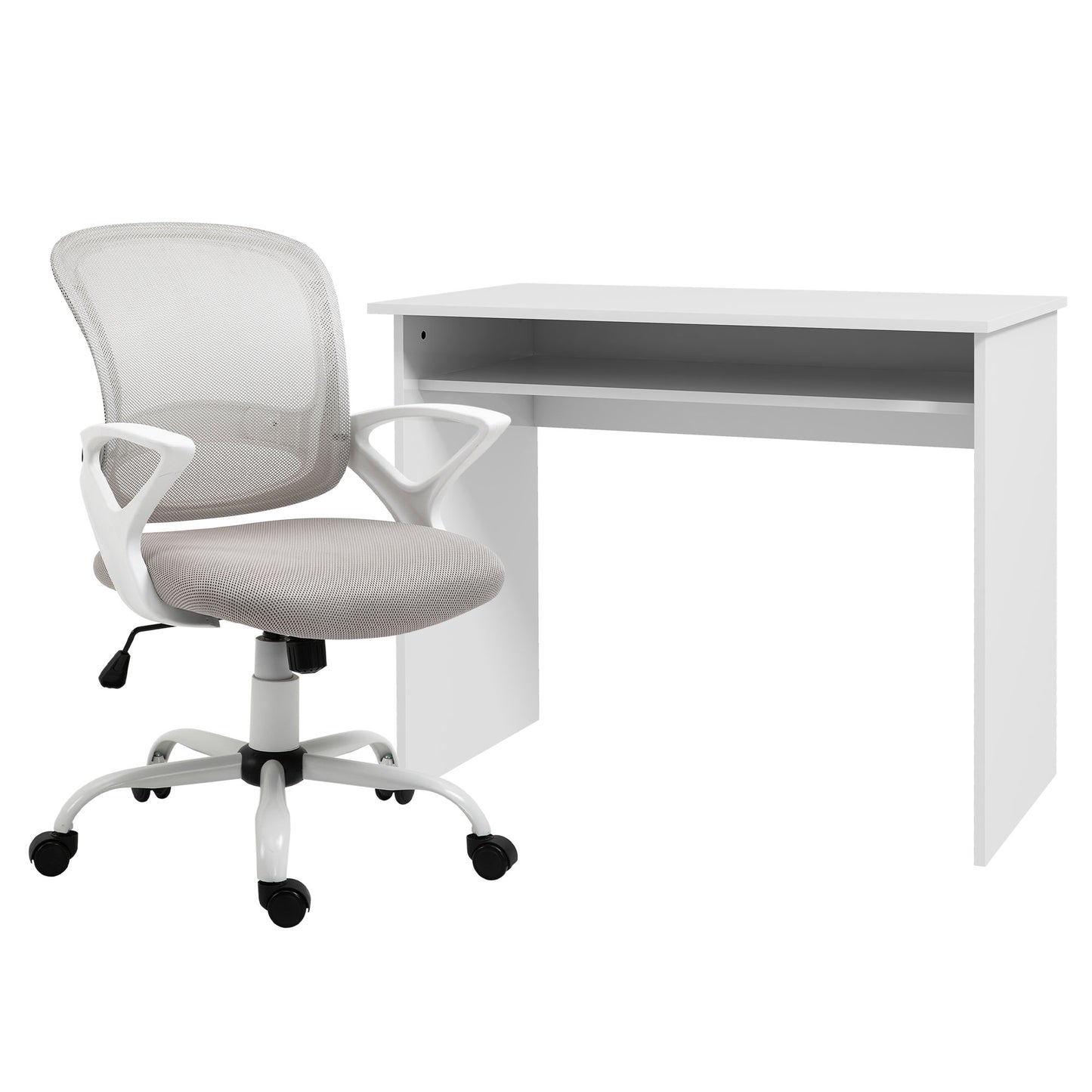 Photo of Vinsetto Home Office Chair and Computer Desk Set, Mesh Chair with Swivel Wheels, Study Desk with Storage Shelf, High Gloss White and Grey in Grey colour on a white background