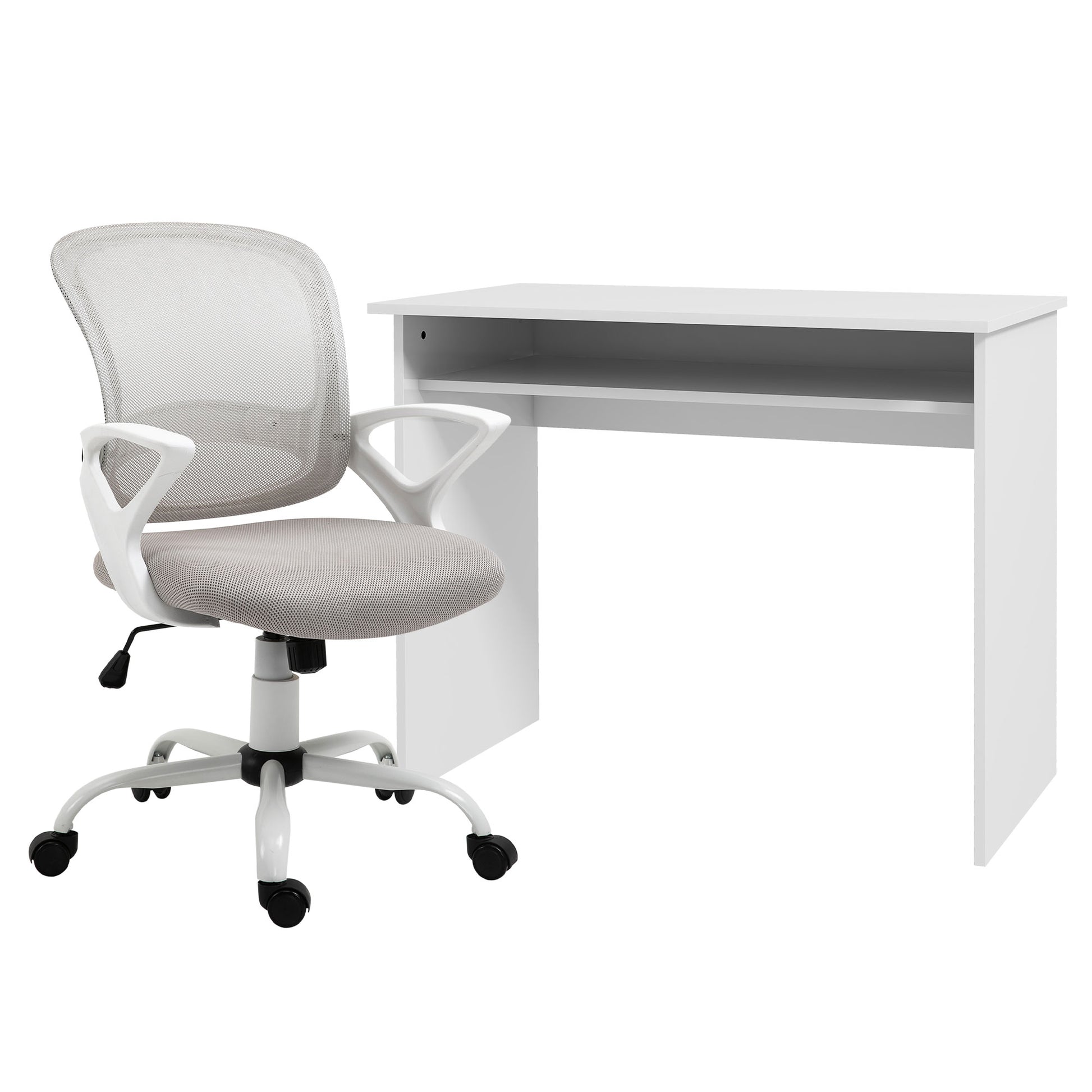 Photo of Vinsetto Home Office Chair and Computer Desk Set, Mesh Chair with Swivel Wheels, Study Desk with Storage Shelf, High Gloss White and Grey in Grey colour on a white background