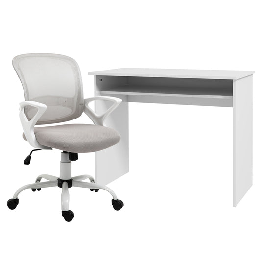 Photo of Vinsetto Home Office Chair and Computer Desk Set, Mesh Chair with Swivel Wheels, Study Desk with Storage Shelf, High Gloss White and Grey in Grey colour on a white background