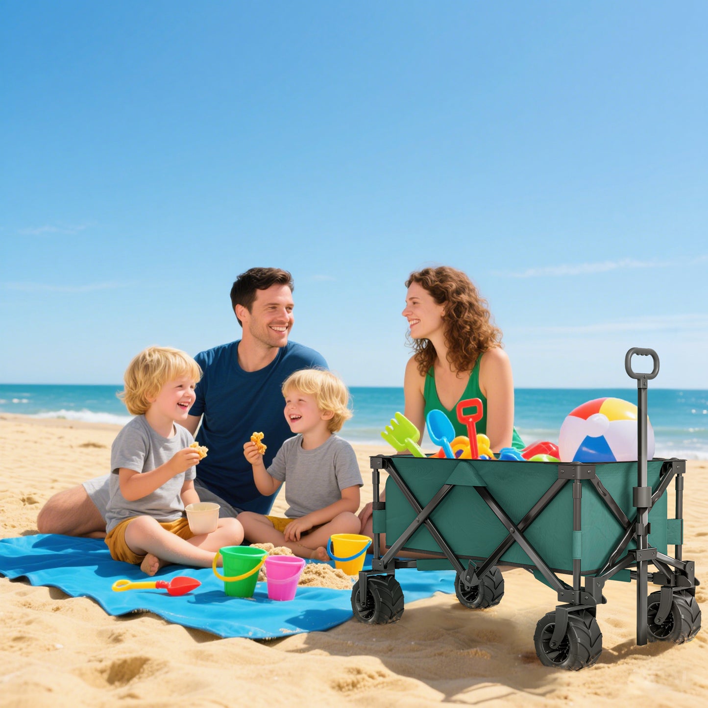 Outsunny 205L Festival Trolley on Wheels, Folding Camping Trolley Cart with Telescopic Handle, Beach Cart with Wide Big Wheels for Outdoor Garden Fishing, Green