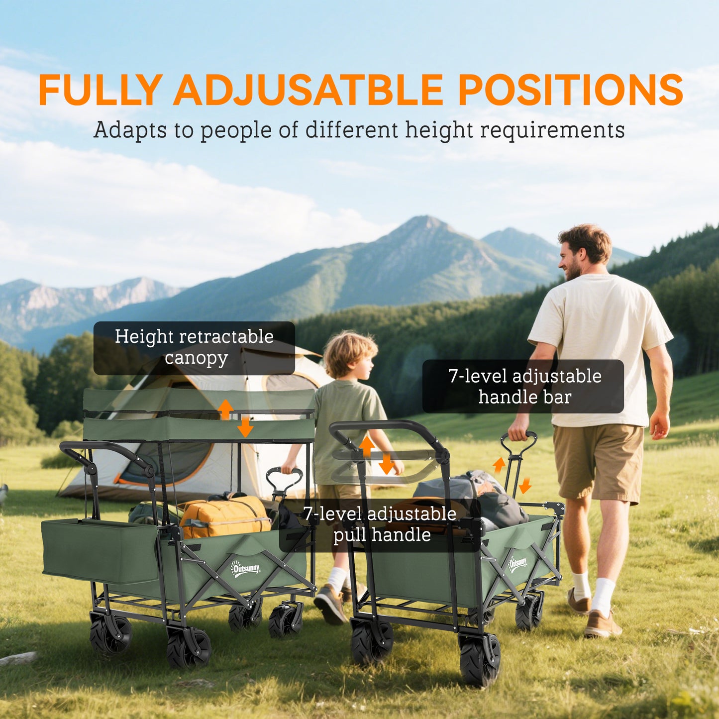 Outsunny 180L Festival Trolley on Wheels, Push & Pull Beach Cart with Removable Canopy, Wide All-Terrain Wheels, Folding Camping Trolley Cart, Adjustable Handle for Garden Fishing Shopping, Green