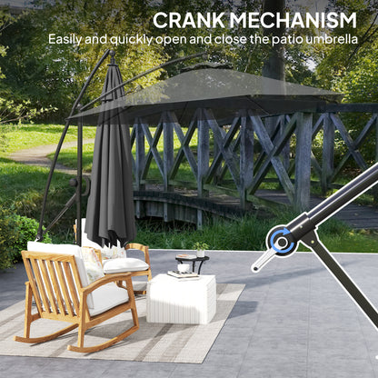 Cantilever patio umbrella with crank mechanism shown open and closed