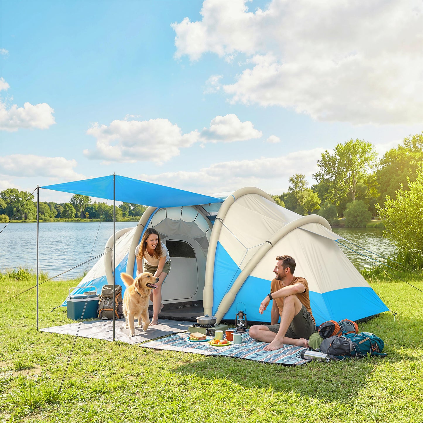 Outsunny Inflatable Tent 2 Bedroom Tunnel Design Windproof Air Tent with Carry Bag for 4 Person