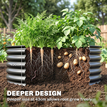 Galvanized raised garden bed shown in cross-section with deep soil and growing vegetables