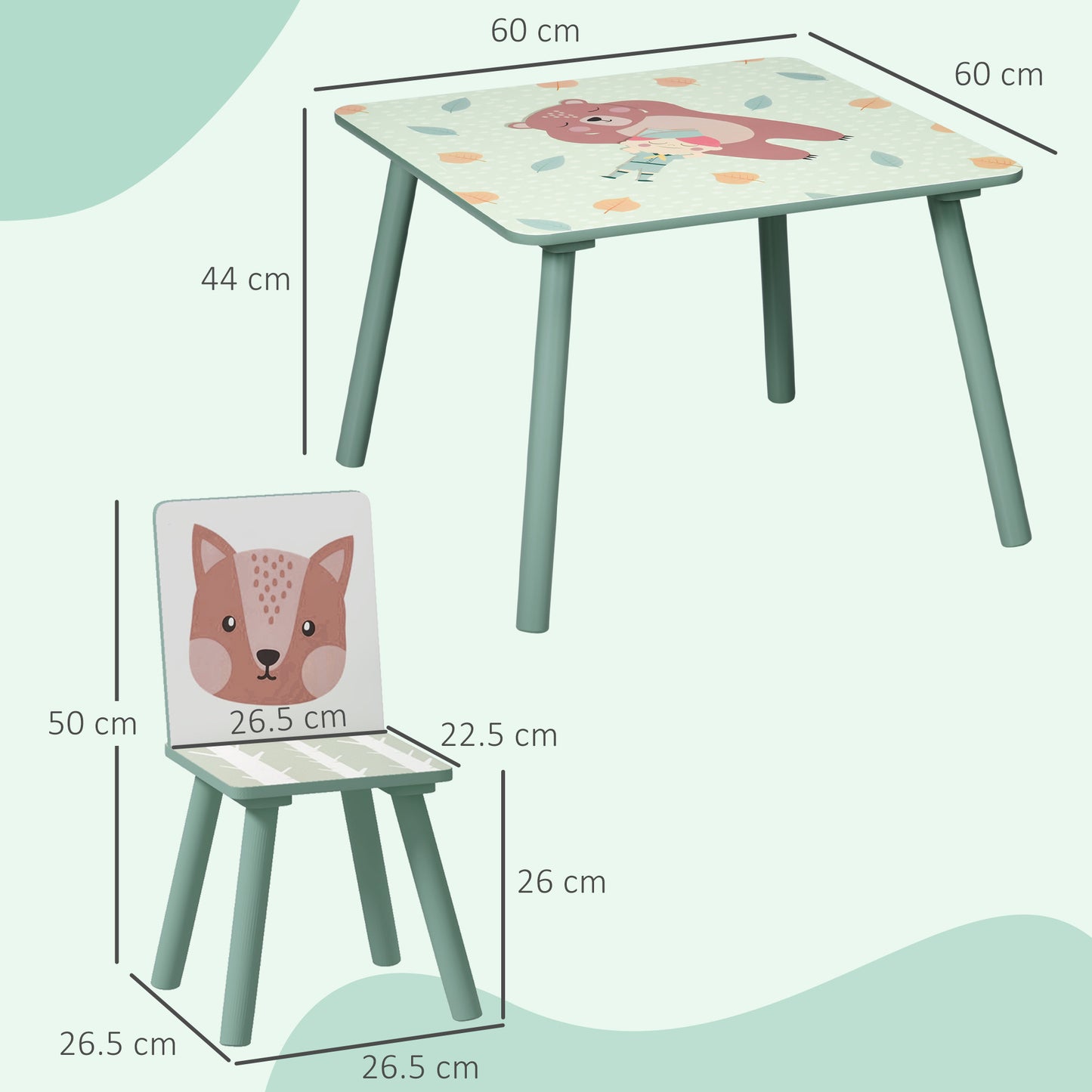 ZONEKIZ Kids and Table Chairs, Children Desk with Two Chairs, Toddler Furniture Set, for Ages 3-6 Years - Green