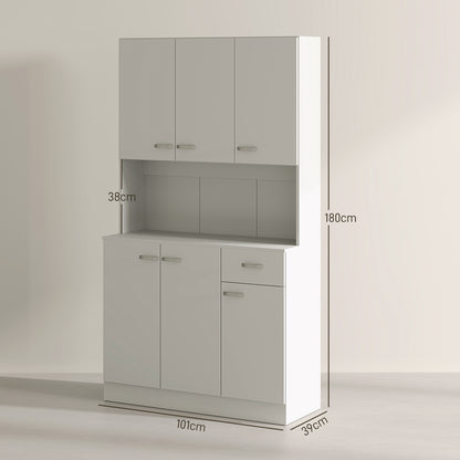 White pantry cabinet with upper and lower storage, shown with its dimensions