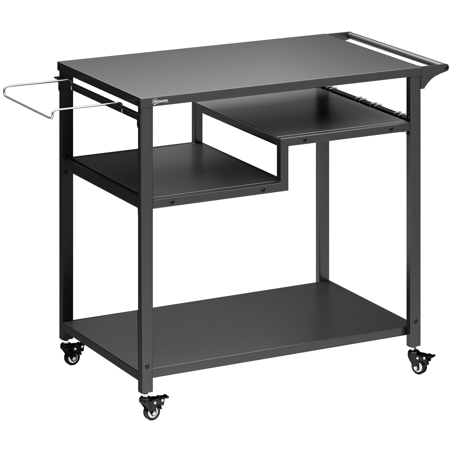 Photo of Outsunny Outdoor Grill Cart, Three-Tier Pizza Oven Stand  with Steel Tabletop, Hooks, Rubbish Bag Holder, Wheels, Black in Black colour on a white background