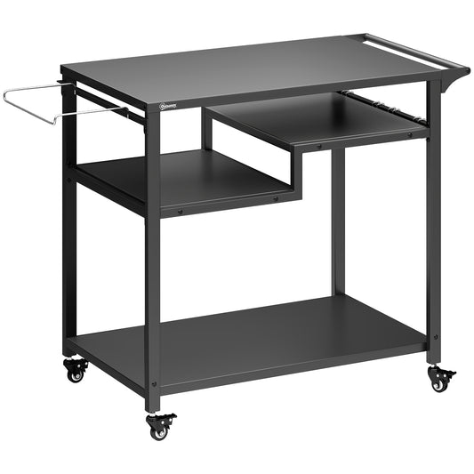 Photo of Outsunny Outdoor Grill Cart, Three-Tier Pizza Oven Stand  with Steel Tabletop, Hooks, Rubbish Bag Holder, Wheels, Black in Black colour on a white background