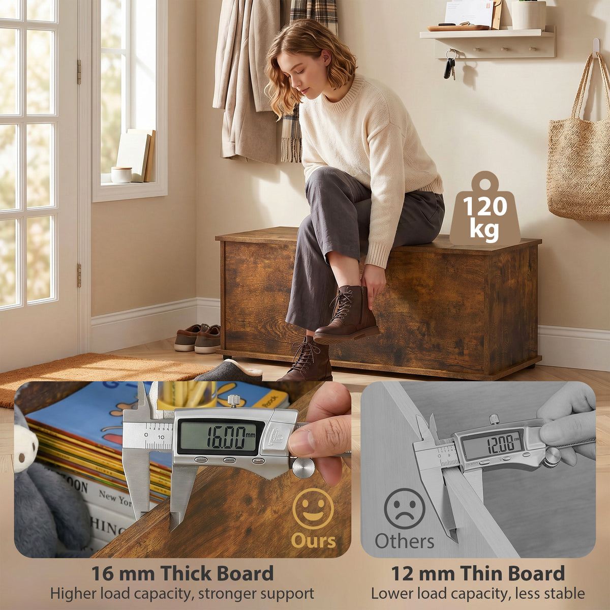 Rustic brown storage chest used as a shoe bench, with a person seated on the lid