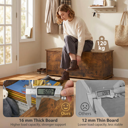 Rustic brown storage chest used as a shoe bench, with a person seated on the lid