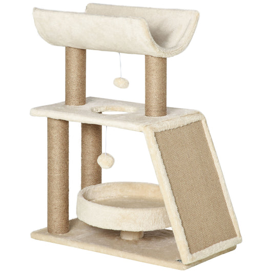 Photo of PawHut Cat Tree Tower, with Scratching Posts, Pad, Bed, Perch, Toy Ball - Light Brown in Brown colour on a white background