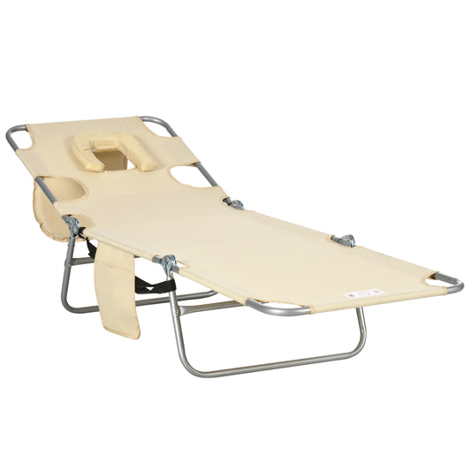 Photo of Outsunny Foldable Sun Lounger, Beach Chaise Lounge with Reading Hole, Arm Slots, 5-Position Adjustable Backrest, Side Pocket, Pillow for Garden, Beach, Camping, Beige in Beige colour on a white background