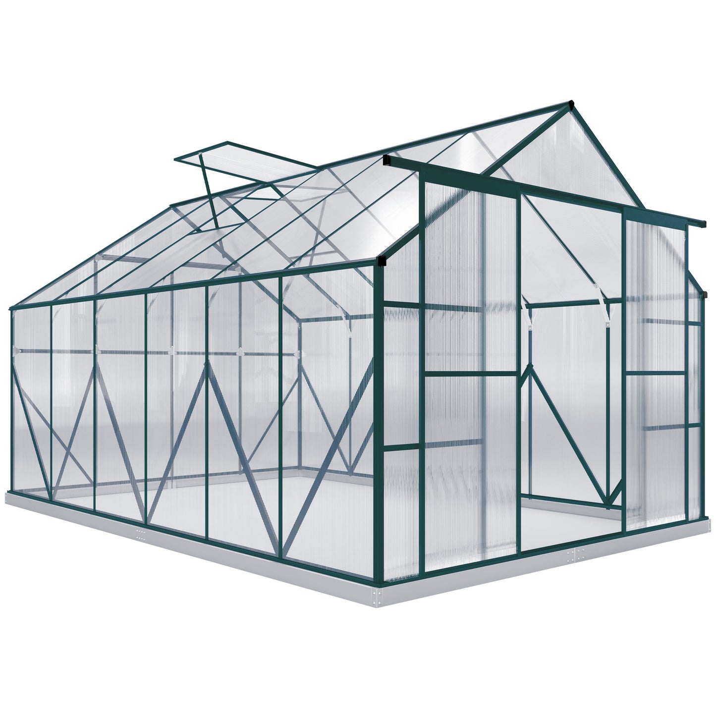 Photo of Outsunny 8 x 12ft Aluminium Greenhouse Polycarbonate Walk in Garden Greenhouse Kit with Adjustable Roof Vent, Double Sliding Door, Rain Gutter and Foundation, Clear in Clear colour on a white background