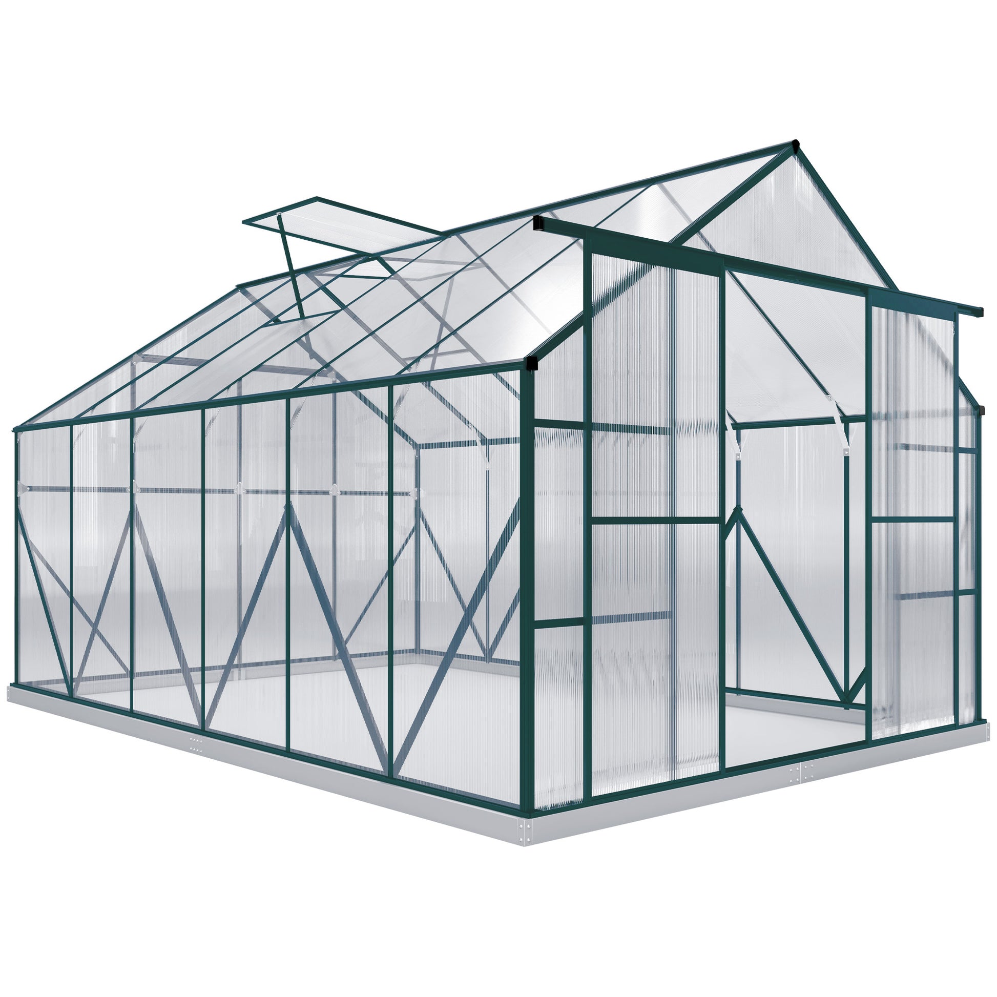 Photo of Outsunny 8 x 12ft Aluminium Greenhouse Polycarbonate Walk in Garden Greenhouse Kit with Adjustable Roof Vent, Double Sliding Door, Rain Gutter and Foundation, Clear in Clear colour on a white background