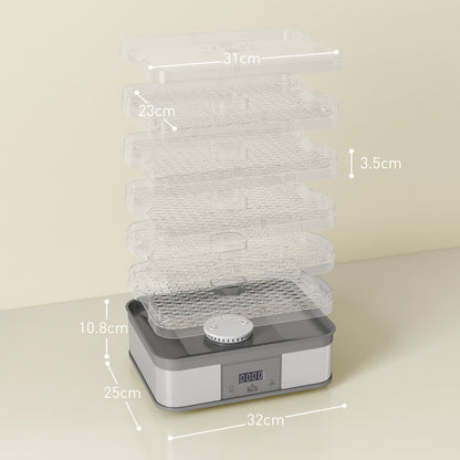 HOMCOM food dehydrator with five removable clear trays shown stacked above the base