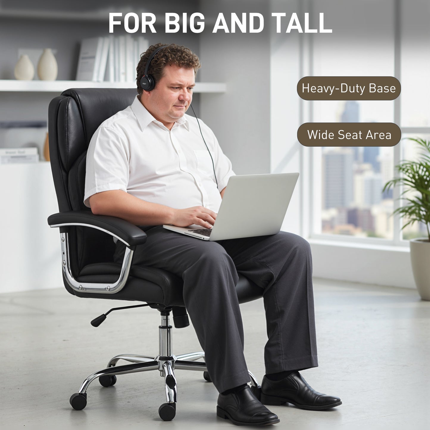 HOMCOM Big and Tall Office Chair 180kg with Spring Cushion, PU Leather - Black