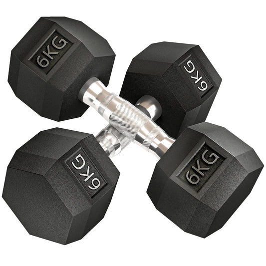Photo of HOMCOM 2x6kg Hex Dumbbells Set Rubber Dumbbells Weight Lifting Equipment Fitness Home Gym in Gym colour on a white background