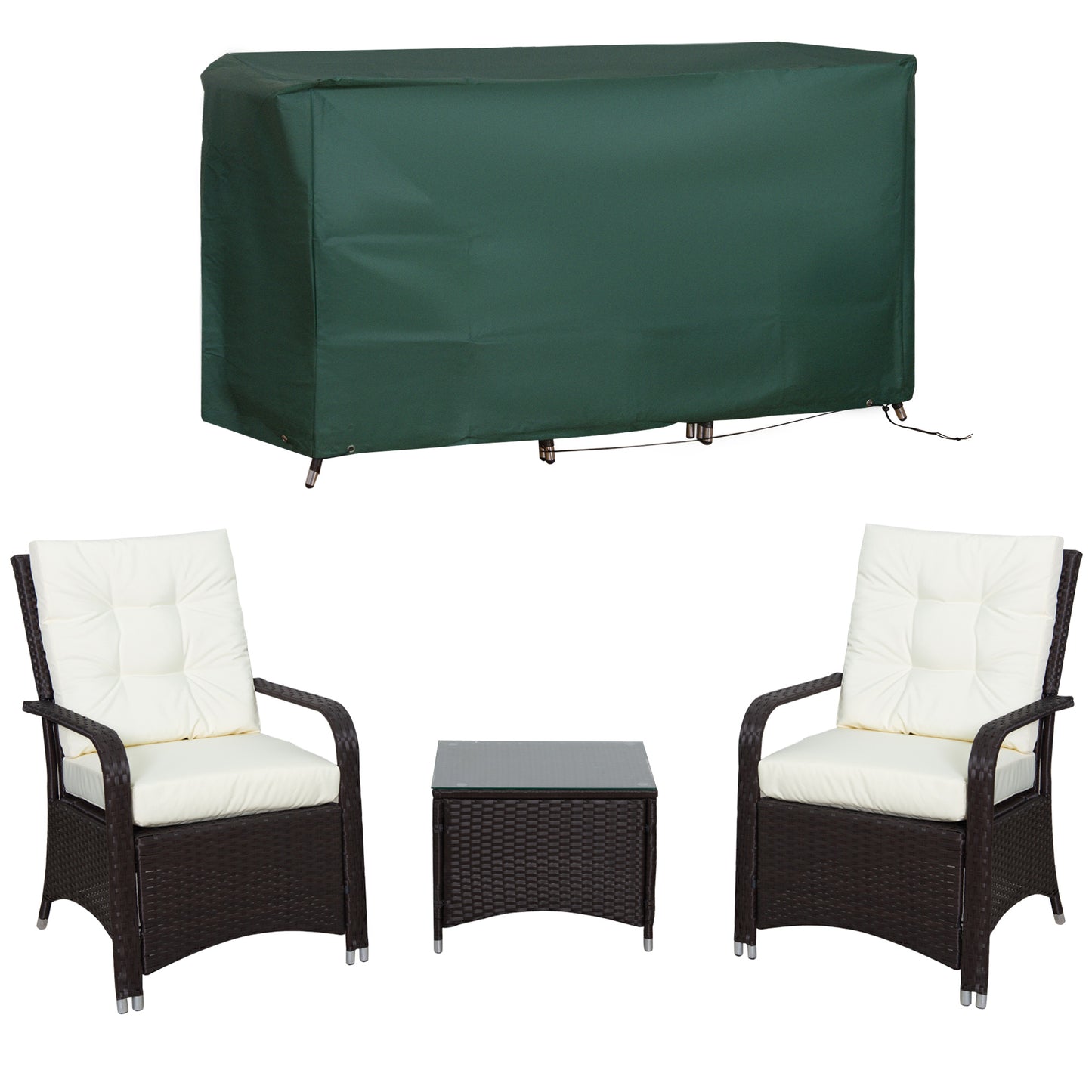 Photo of Outsunny 3 Pieces Rattan Bistro Set with Furniture Cover, Wicker Garden Furniture Set, Glass Top Coffee Table and Chairs with Cushions for Outdoor, Patio, Balcony, Cream White in White colour on a white background