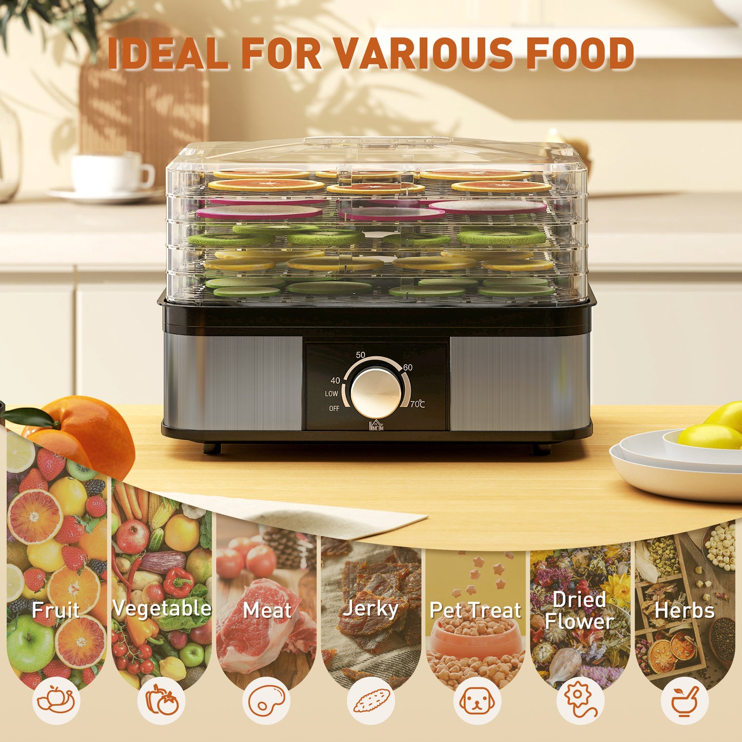 HOMCOM 5 Tier Food Dehydrator, 245W Stainless Steel Food Dryer Machine with Adjustable Temperature for Drying Fruit, Meat, Vegetable, Jerky and Pet Treat, Black