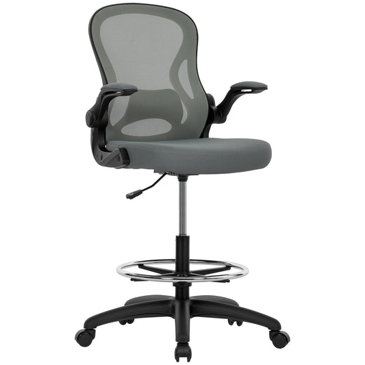 Photo of Vinsetto Drafting Chair, Ergonomic Tall Office Chair with Flip-up Armrests, Mesh Back, Lumbar Support, Adjustable Height and Foot Ring, Swivel Wheels, for Standing Desk, Charcoal Grey in Grey colour on a white background