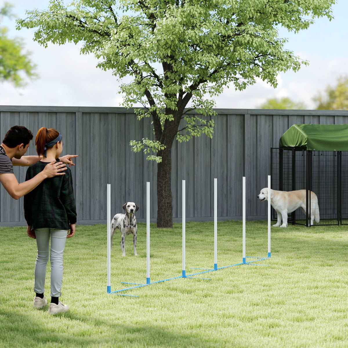 PawHut six-pole dog agility weave set arranged in a straight line
