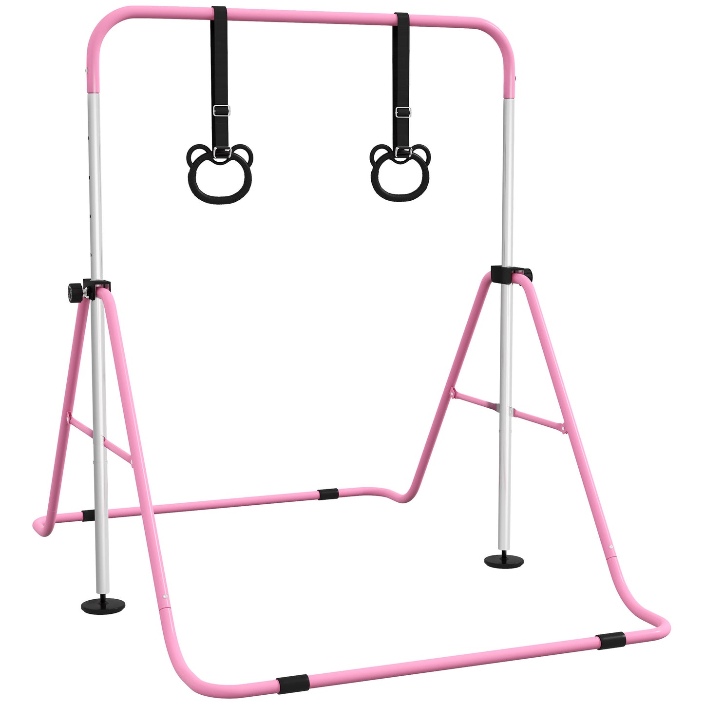 Photo of HOMCOM Adjustable Height, Foldable Kids Gymnastics Bar w/ Non-slip Rubber Floor Rings, for 3+ Years, Pink in Pink colour on a white background