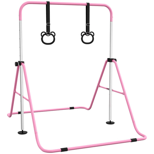 Photo of HOMCOM Adjustable Height, Foldable Kids Gymnastics Bar w/ Non-slip Rubber Floor Rings, for 3+ Years, Pink in Pink colour on a white background