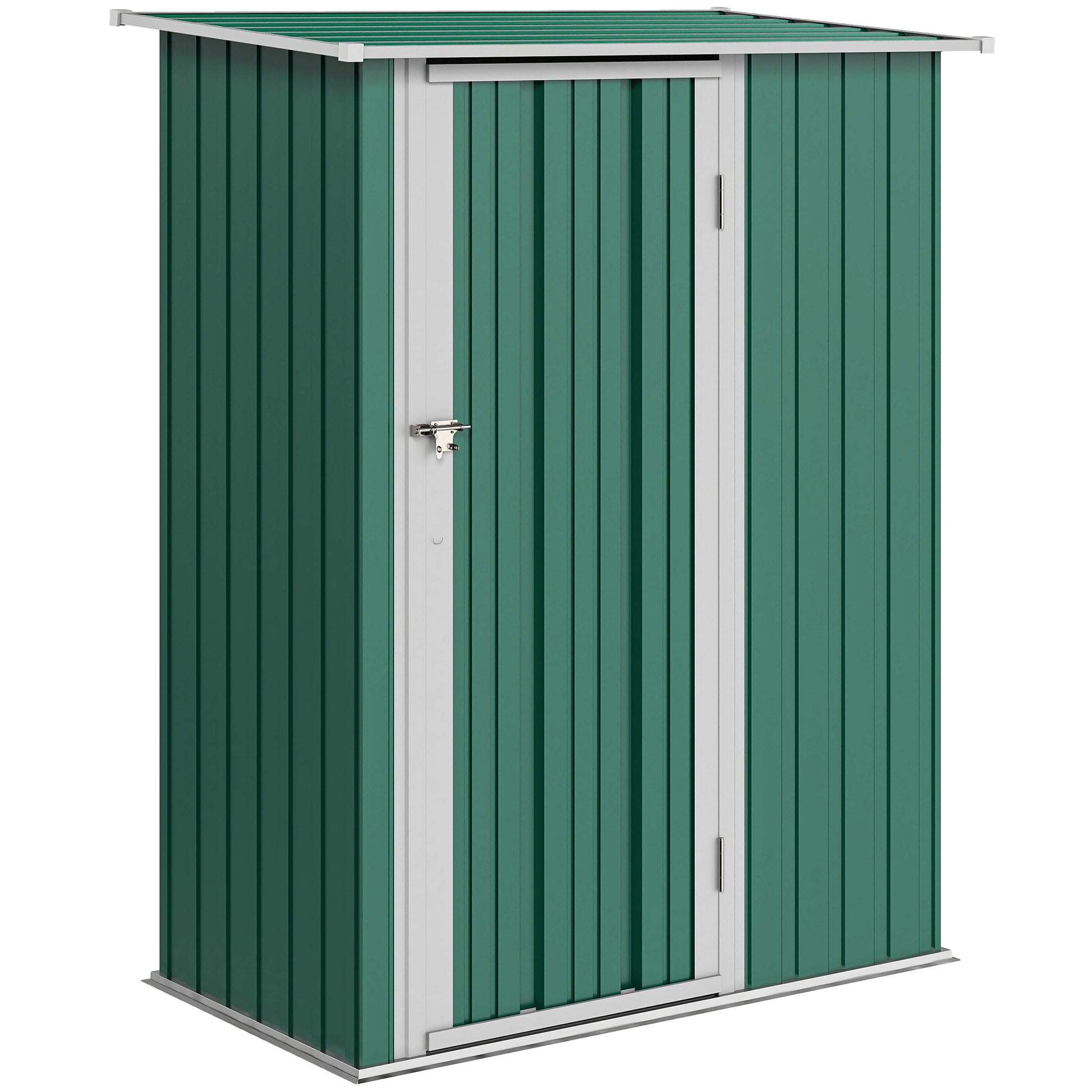 Photo of Outsunny 5ft x 3ft Garden Storage Shed, Galvanised Outdoor Metal Shed Waterproof with Sloped Roof, Lockable Door for Patio Tools, Equipment, Green in Green colour on a white background
