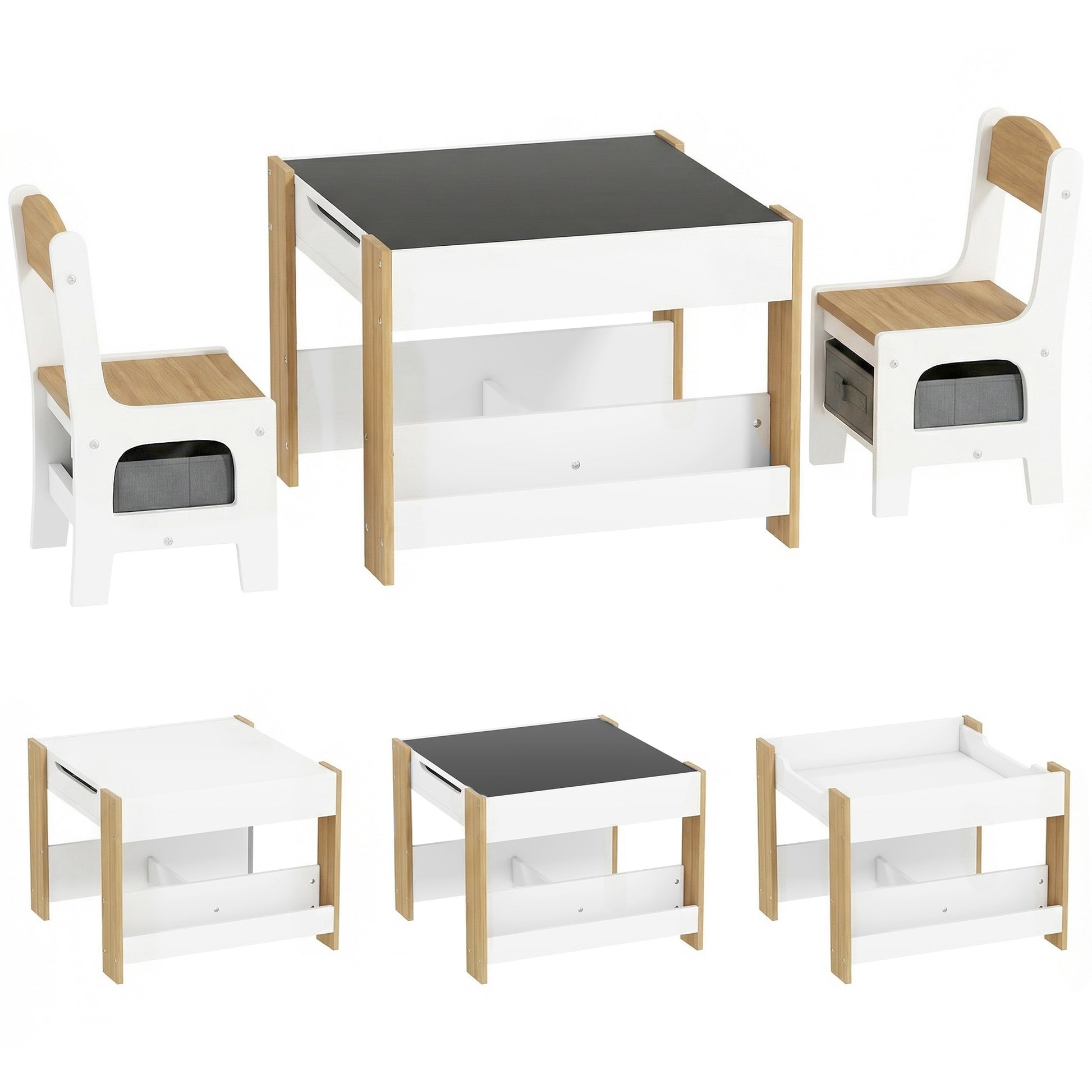 Photo of HOMCOM Three-Piece Kids Table and Chair Set with Blackboard, Storage, Bookshelves - Natural Wood in Wood colour on a white background