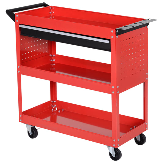 Photo of DURHAND 3-Tier Tool Trolley Cart Storage Shelf Roller Cabinet DIY Box Garage Workshop with Drawer Red in Red colour on a white background