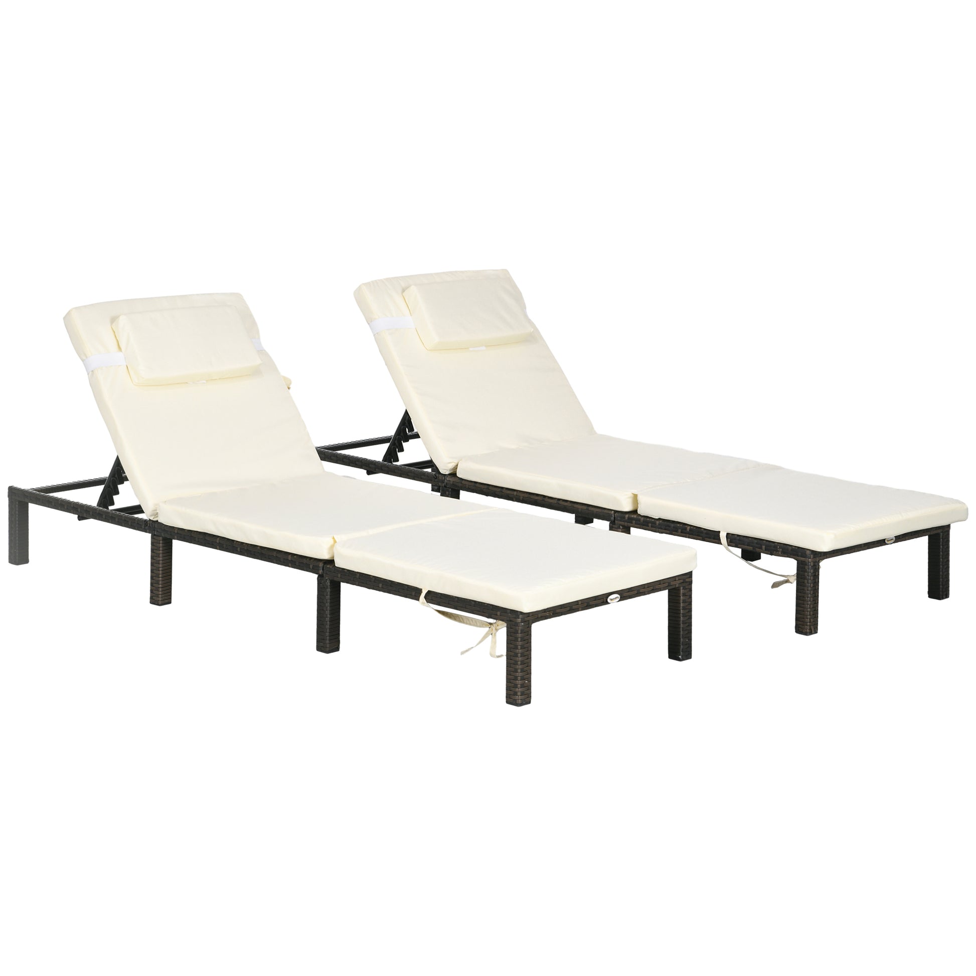 Photo of Outsunny Set of Two Reclining Rattan Sun Loungers, with Cushions - Brown/Cream in Brown/Cream colour on a white background