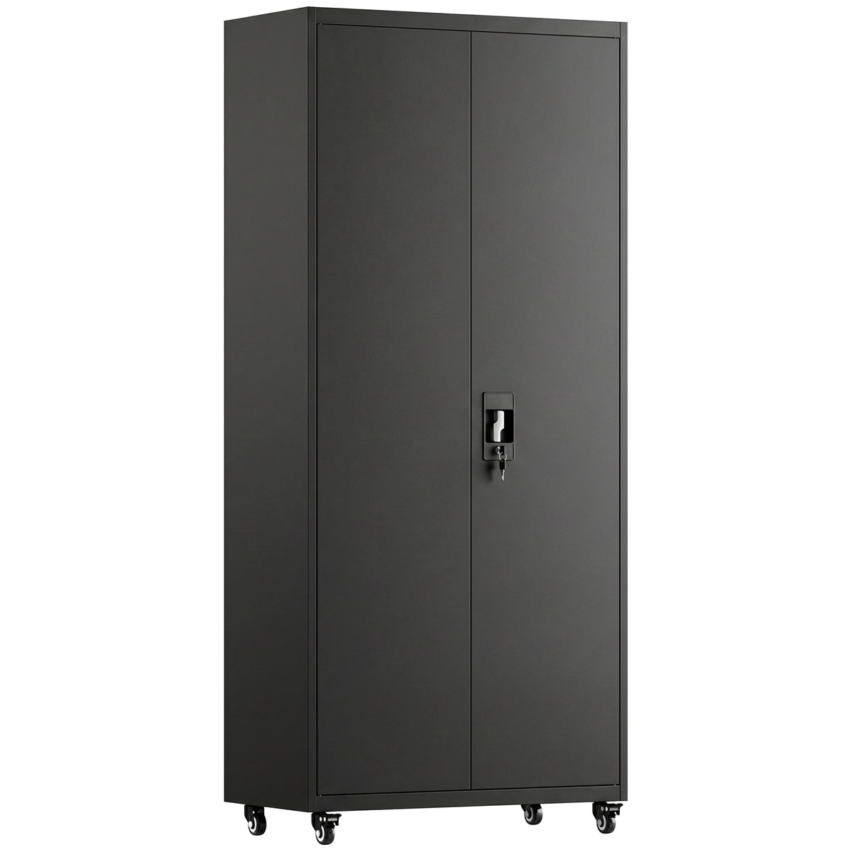Photo of HOMCOM Metal Storage Cabinet, 180 cm Tall Lockable Steel Tool Cabinet with Removable Wheels and Adjustable Shelves, Black in Black colour on a white background