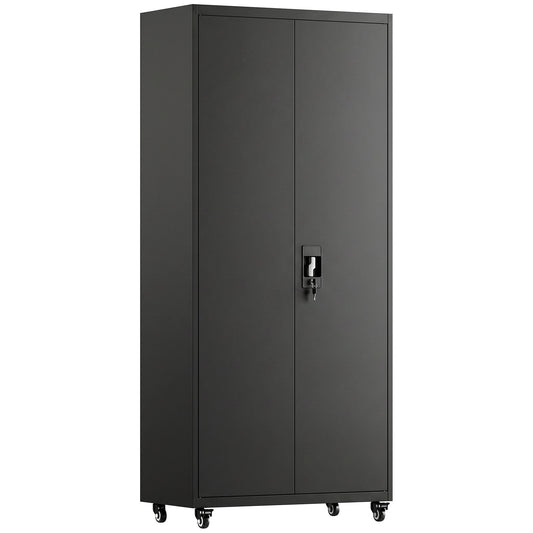 Photo of HOMCOM Metal Storage Cabinet, 180 cm Tall Lockable Steel Tool Cabinet with Removable Wheels and Adjustable Shelves, Black in Black colour on a white background