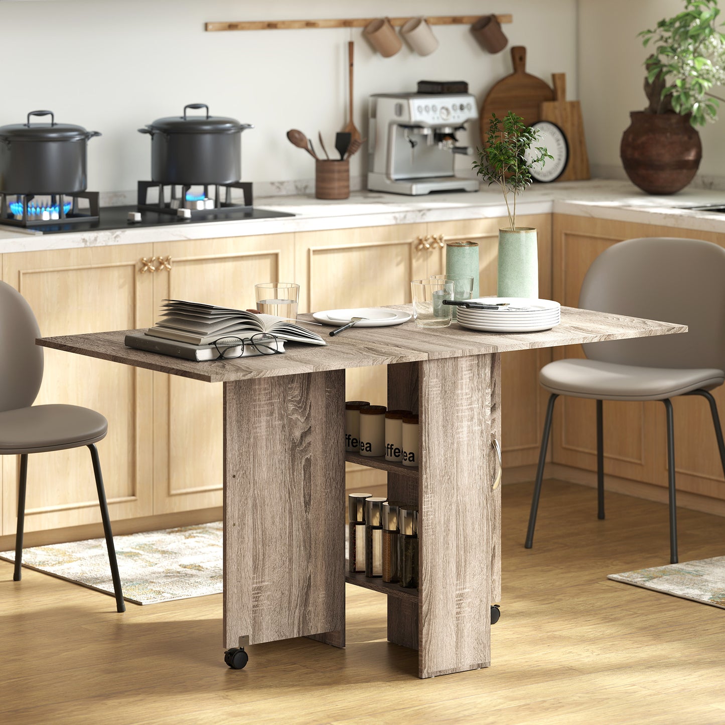 HOMCOM 80-140 cm Folding Dining Table for 4-6 People, Drop Leaf Table with 2-Tier Shelves, Rolling Casters, for Small Spaces, Kitchen, Flat, Dining Room, Grey