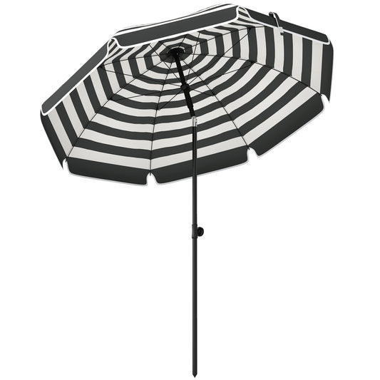 Photo of Outsunny 1.8 m Beach Umbrella Parasol with Sand Anchor, Portable 30° Tilting Patio Sun Shade with Adjustable Height, Grey/White in Grey/White colour on a white background