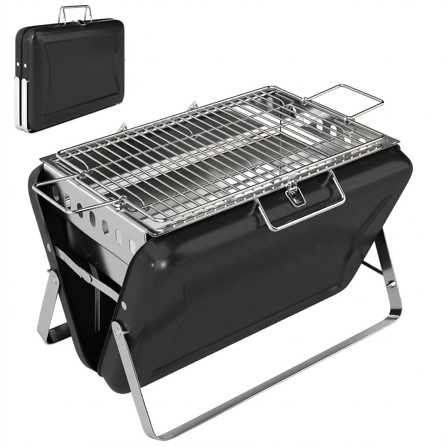 Photo of Outsunny Charcoal BBQ Grill Portable Stainless Steel Barbecue with Tilting Grate for Camping Picnic Garden Black in Black colour on a white background