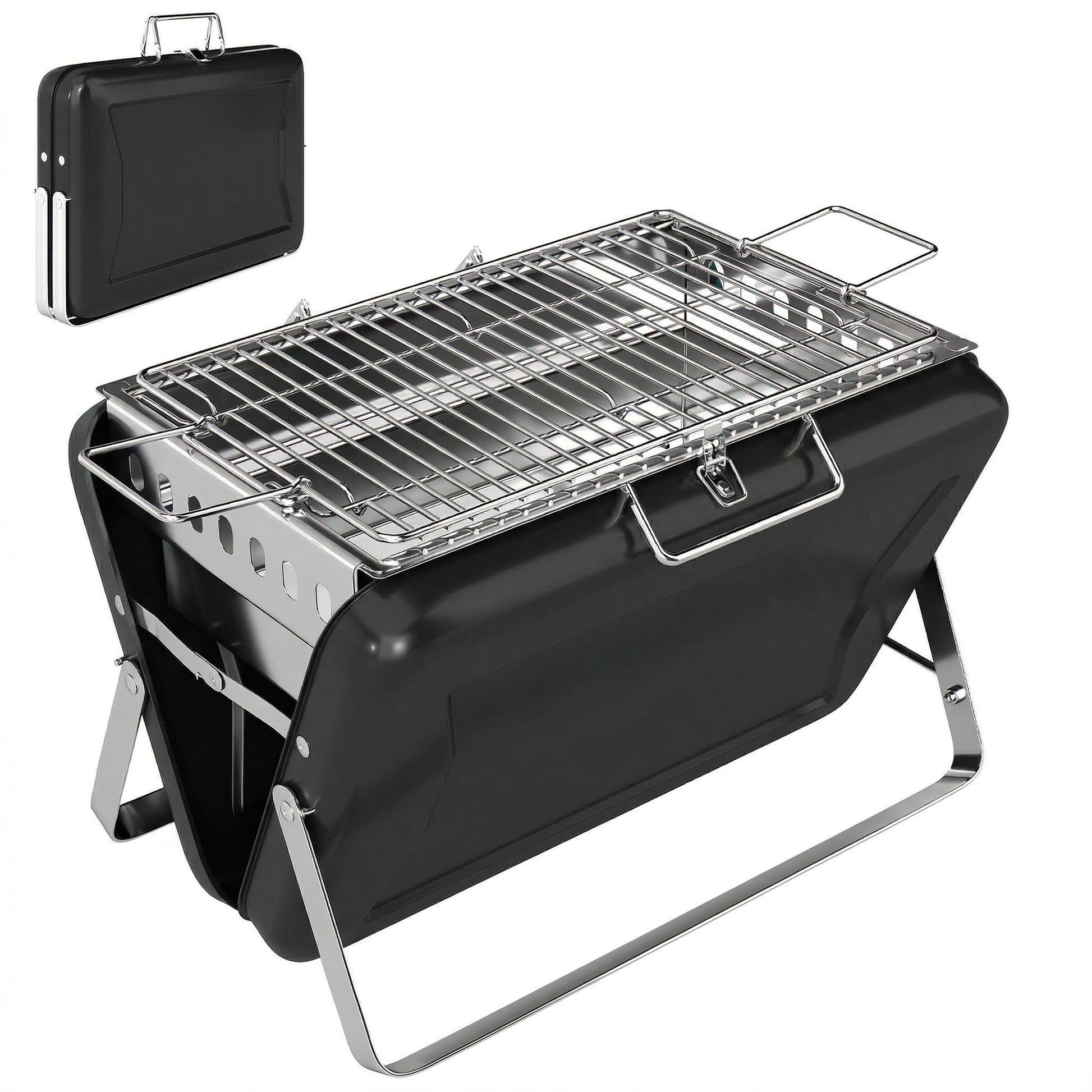 Photo of Outsunny Charcoal BBQ Grill Portable Stainless Steel Barbecue with Tilting Grate for Camping Picnic Garden Black in Black colour on a white background