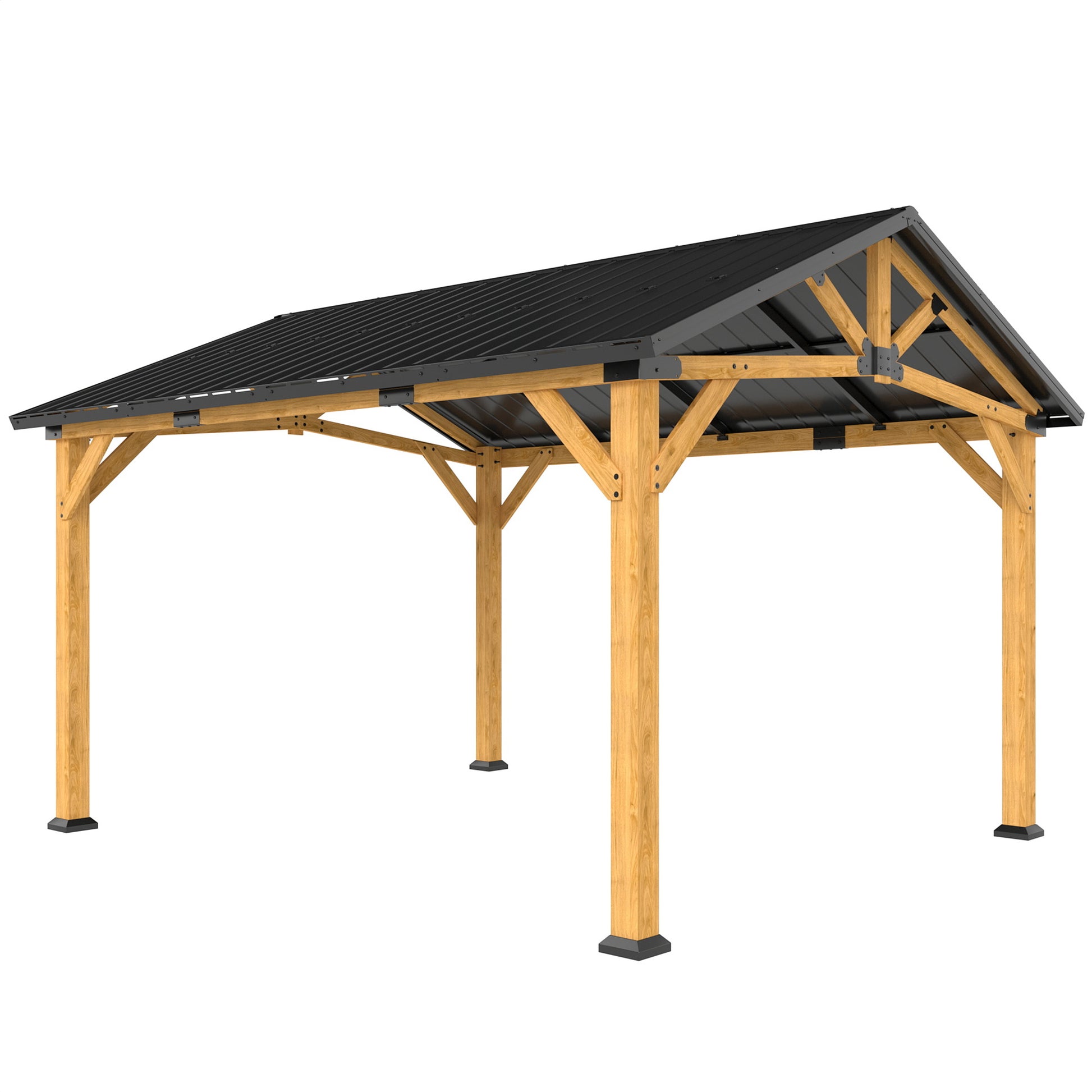 Photo of Outsunny 3.5 x 4 m Hardtop Gazebo Canopy with Galvanised Metal Roof, Fir Wood Frame and Hook for Patio, Garden, Black Grey in Grey colour on a white background