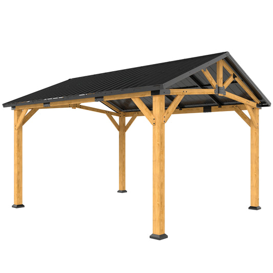 Photo of Outsunny 3.5 x 4 m Hardtop Gazebo Canopy with Galvanised Metal Roof, Fir Wood Frame and Hook for Patio, Garden, Black Grey in Grey colour on a white background
